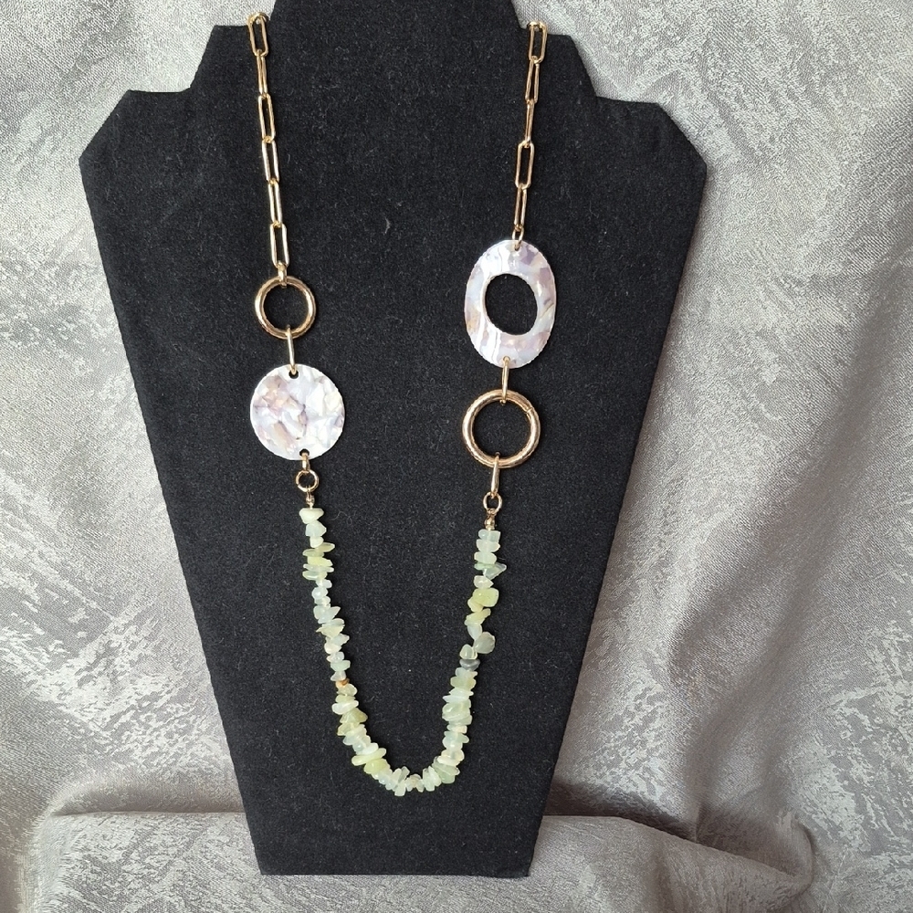 Red Coral Paperclip Chain & Chipped Pale Jadeite Nacre Necklace (J41)